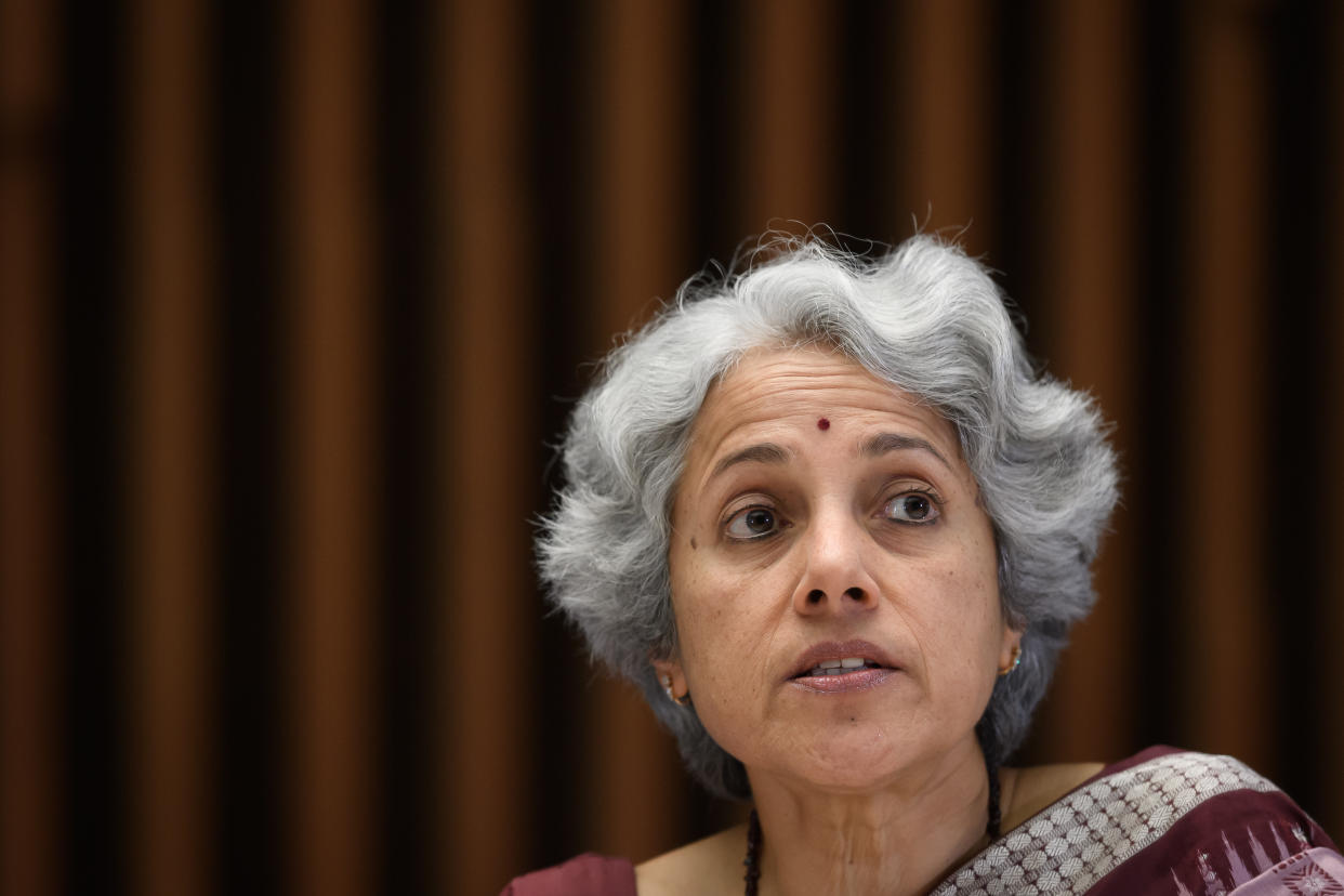 World Health Organization (WHO) Chief scientist Soumya Swaminathan attends a combined news conference following a two-day international conference on COVID-19 coronavirus vaccine research and a meeting to decide whether Ebola in DR Congo still constitutes health emergency of international concern on January 12, 2020 in Geneva. - The UN health agency on February 12 said it was "way too early" to say whether COVID-19 might have peaked or when it might end. It also said that it was extending for another three months its global emergency designation for the Ebola outbreak in DR Congo. (Photo by Fabrice COFFRINI / AFP) (Photo by FABRICE COFFRINI/AFP via Getty Images)