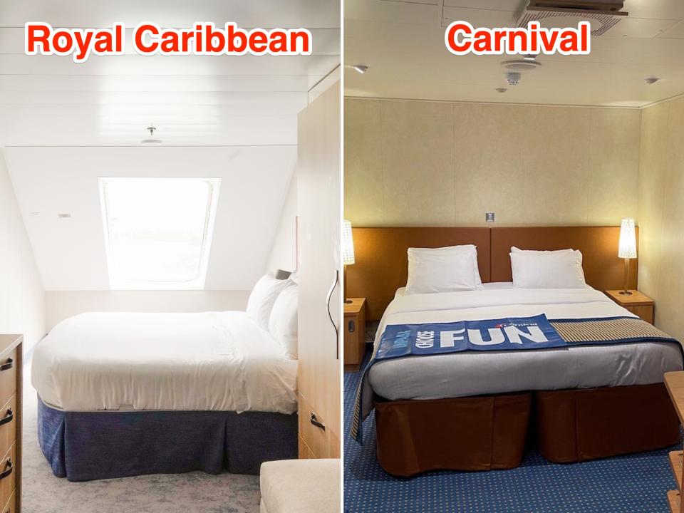 Inside Royal Caribbean (L) and Carnival rooms (R)