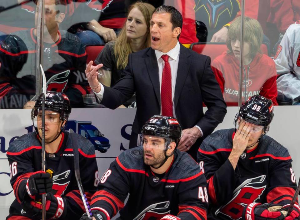 Carolina Hurricanes coach Rod Brind’Amour directs his team in the third period during Game 5 of the NHL Eastern Conference quarterfinals against the New York Islanders on Tuesday, April 30, 2024 at PNC Arena, in Raleigh N.C.