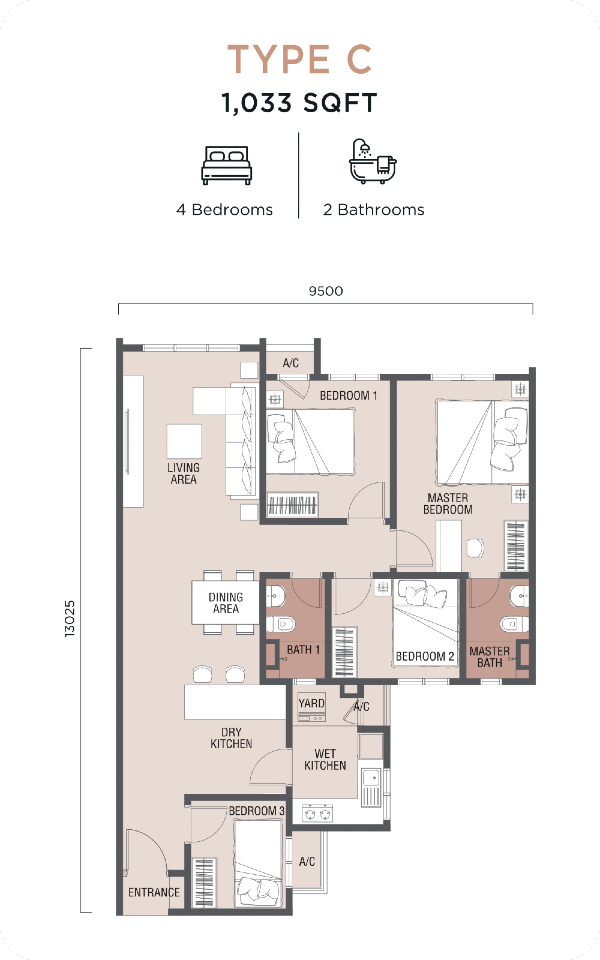 apartment 4 bilik di selangor, apartment 4 bilik di kuala lumpur, pelan apartment 4 bilik, apartment, servis apartment, kondo