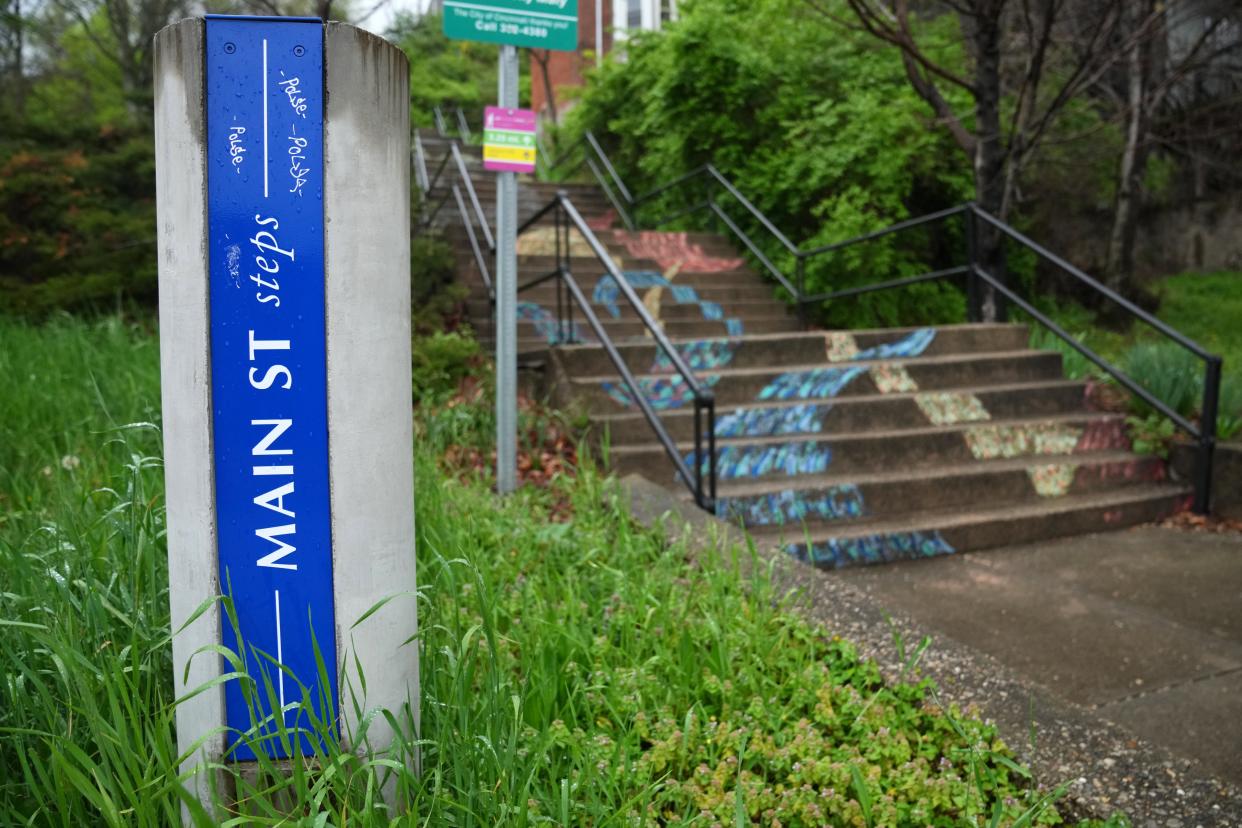 The Main Street Steps are the longest stairs in Cincinnati connecting five streets and the neighborhoods of Mount Auburn and Over-the-Rhine, pictured, Wednesday, April 10, 2024, in Cincinnati.