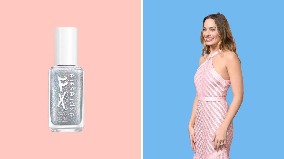 Margot Robbie's 2023 Golden Globes manicure called for the Essie Expressie FX Nail Holo Top Coat.