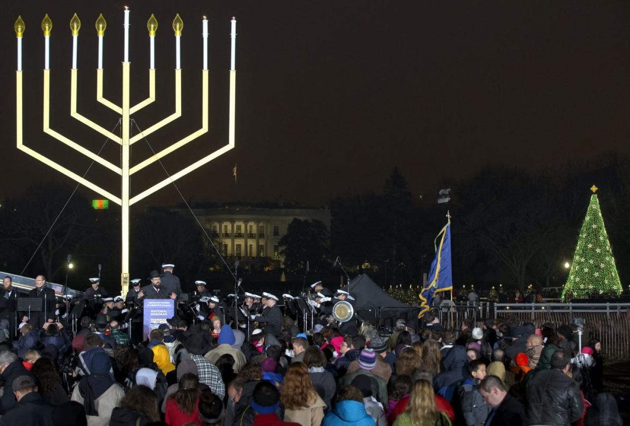 <span class="caption">The lighting of the National Menorah in Washington, D.C. in 2012.</span> <span class="attribution"><a class="link " href="https://newsroom.ap.org/detail/TempestInACoffeeCup/97886c33be6746f39a45537b5aefd4f8/photo?Query=white%20house%20menorah&mediaType=photo&sortBy=&dateRange=Anytime&totalCount=101&currentItemNo=95" rel="nofollow noopener" target="_blank" data-ylk="slk:AP Photo/Jacquelyn Martin;elm:context_link;itc:0;sec:content-canvas">AP Photo/Jacquelyn Martin</a></span>