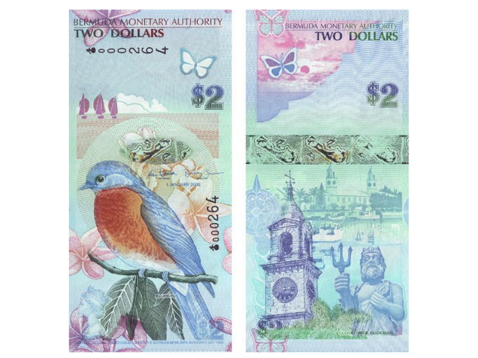 Kein Wunder eigentlich, dass die Zwei-Dollar-Note aus Bermuda im Jahr 2009 ausgezeichnet wurde. Allein das freundliche Design in Pastelltönen ist erwähnenswert, genau wie der Bermuda-Hüttensänger-Vogel, der auf der Vorderseite des Scheins zu sehen ist. Auf der Rückseite ist ein Abbild des Hafenturms "Dockyard Clock Tower" inklusive Neptun gedruckt. (Bild-Copyright: International Bank Note Society (IBNS))