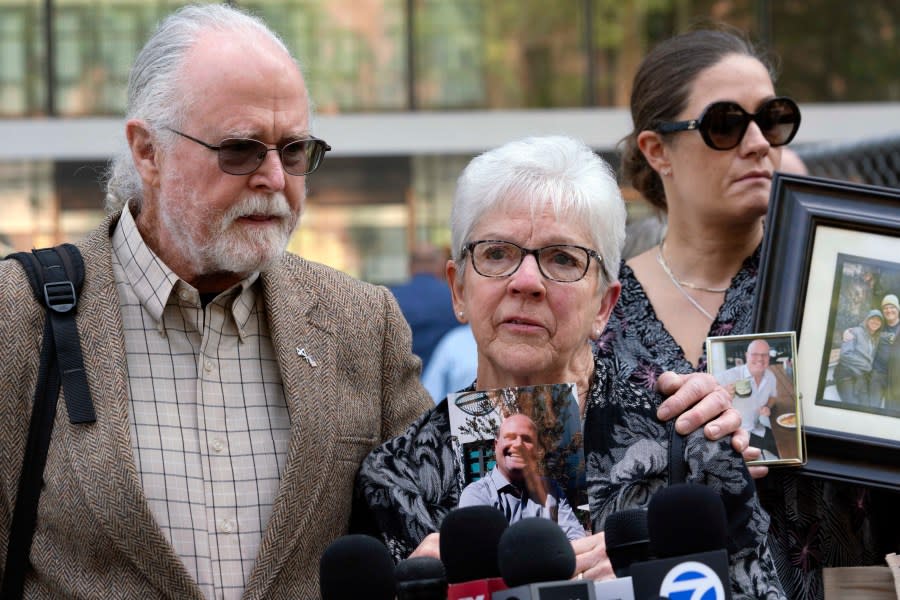 Kathleen and Clark Mcllvain whose son Charlie died in the Conception dive boat fire talk to the media in front of the U.S. Federal Building in downtown Los Angeles on Thursday, May 2, 2024. A federal judge on Thursday sentenced the scuba dive boat captain, Jerry Boylan to four years in prison and three years supervised release for criminal negligence after 34 people died in a fire aboard the vessel. (AP Photo/Richard Vogel)
