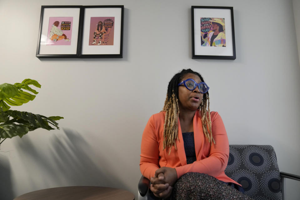 Kawanna Shannon discusses her role overseeing the Planned Parenthood regional logistics center Friday, March 10, 2023, in Fairview Heights, Ill. Workers at the center help women in states where abortion is restricted to make travel and other arrangements to be seen at clinics in southern Illinois where services are available. (AP Photo/Jeff Roberson)