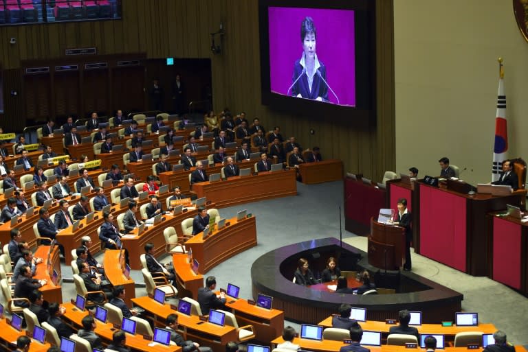 South Korean President Park Geun-Hye delivers an annual budget address at the National Assembly in Seoul, on October 24, 2016