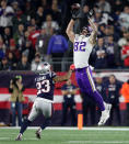 <p>The Vikings Kyle Rudolph grabs a pass from Kirk Cousins late in the second quarter on the drive that resulted in a Minnesota touchdown. The Patriots Patrick Chung (23) defends. The New England Patriots hosted the Minnesota Vikings in a regular season NFL football game at Gillette Stadium. (Jim Davis/Globe Staff) </p>