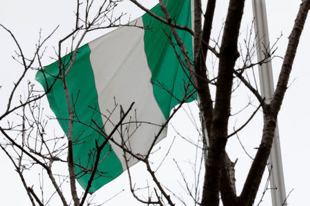 A Nigerian flag is seen outside Nigeria Trade Office after Nigerian request to Taiwan to relocate its representative office in the African country, in Taipei, Taiwan January 12, 2017. REUTERS/Tyrone Siu