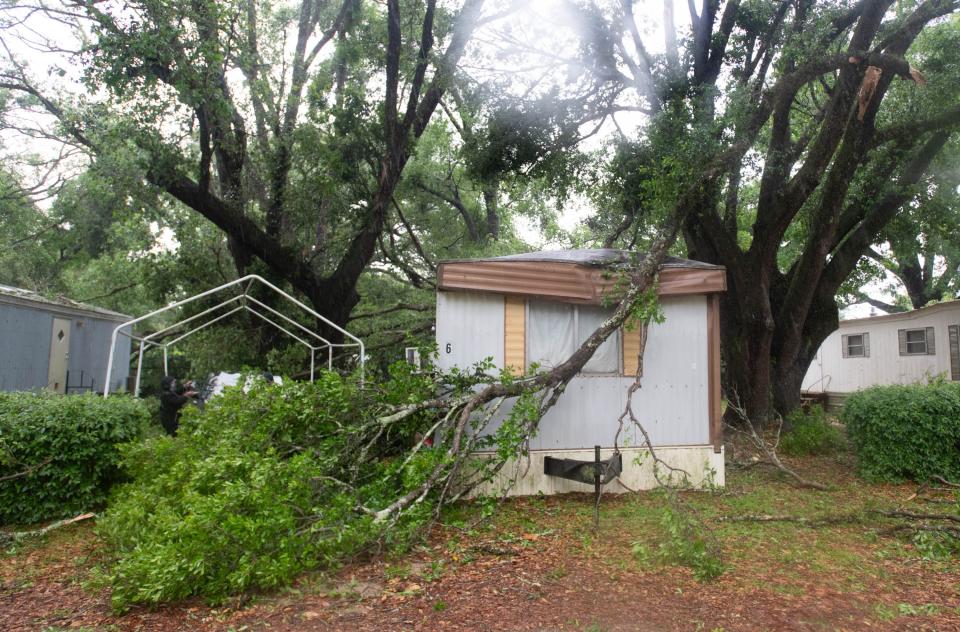 A fallen tree branch damaged a home in the Circle Drive Mobile Home Park as a storm passes through the Pensacola area on Wednesday, April 10, 2024.