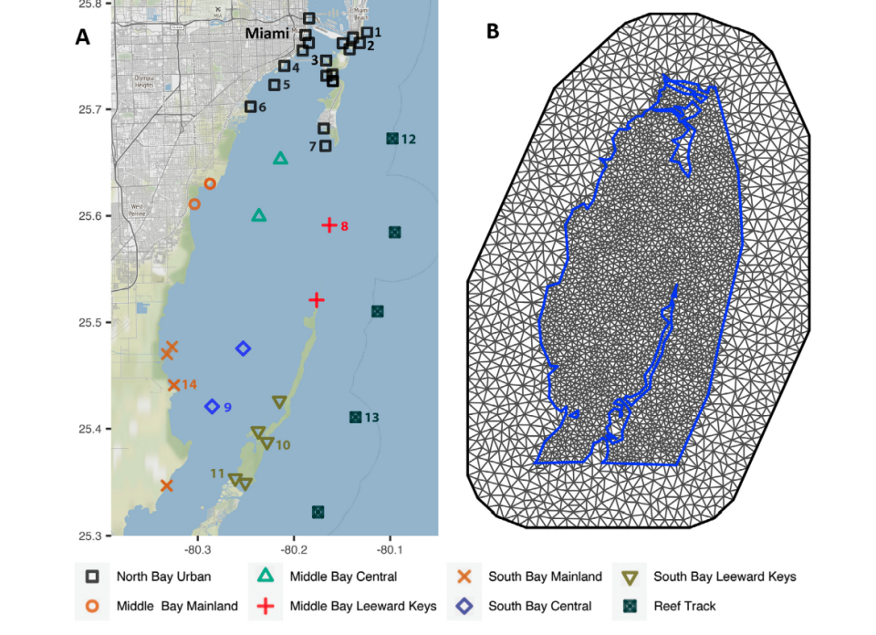 Fig. 1. Biscayne Bay and adjacent reef with (a) receiver station location and zone and (b) mesh of 3417 vertices created using constrained refined Delaunay triangulation. Key reference sites and/or those noted in the text are numerically labeled. 1: South Beach; 2: Government Cut; 3: Sequarium; 4: Mercy Hospital; 5: Dinner Key; 6: Gables Waterway; 7: Cape Florida Channel; 8: Solider Key; 9: Arsnickers; 10: Caeser's Creek; 11: Broad Key Channel (two stations represent the Broad Key Gate); 12: Key Biscayne Reef; 13: Ajax Reef; 14: Turkey Point Power Plant / Credit: Rosenstiel School of Marine and Atmospheric Science, University of Miami