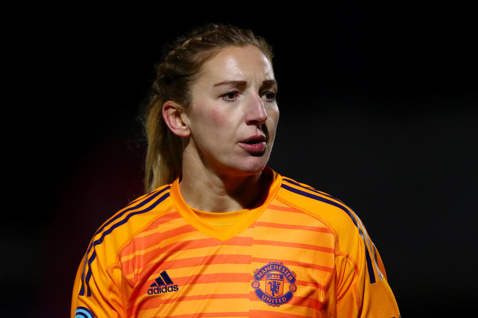 BOREHAMWOOD, ENGLAND - FEBRUARY 07: Siobhan Chamberlain of Manchester United looks on during the FA WSL Cup match between Arsenal Women and Manchester United Women at Meadow Park on February 07, 2019 in Borehamwood, England. (Photo by Naomi Baker/Getty Images)