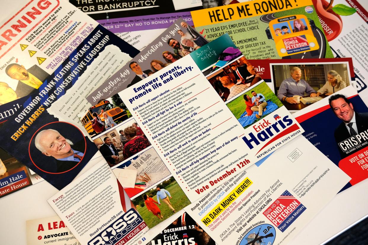 These are mailers sent to voters before the special primary election Dec. 12 for a House seat in Edmond.