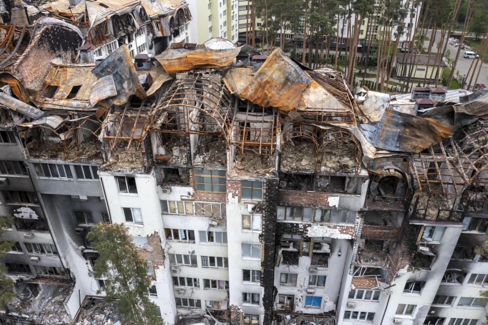 An aerial view of a residential area destroyed by Russian shelling in Irpin close to Kyiv, Ukraine, Saturday, May 21, 2022. (AP Photo/Efrem Lukatsky)