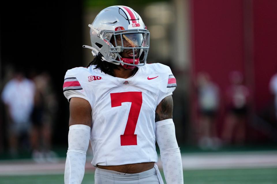 Ohio State cornerback Jordan Hancock lines up against Indiana.