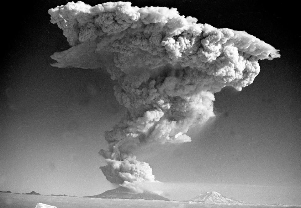 Mount St. Helens roars to life Friday, Oct. 17, 1980 sending a plume of smoke and ash skyward. The active volcano is located 45 miles northeast of Portland in Washington. Next to Mount St. Helens is Mount Rainier a dormant volcano. The plume was estimated to be 50, 000 feet.