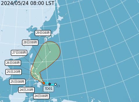 氣象署預估熱帶性低氣壓最快今天就會增強為今年第1號颱風「艾維尼」。（圖／氣象署）