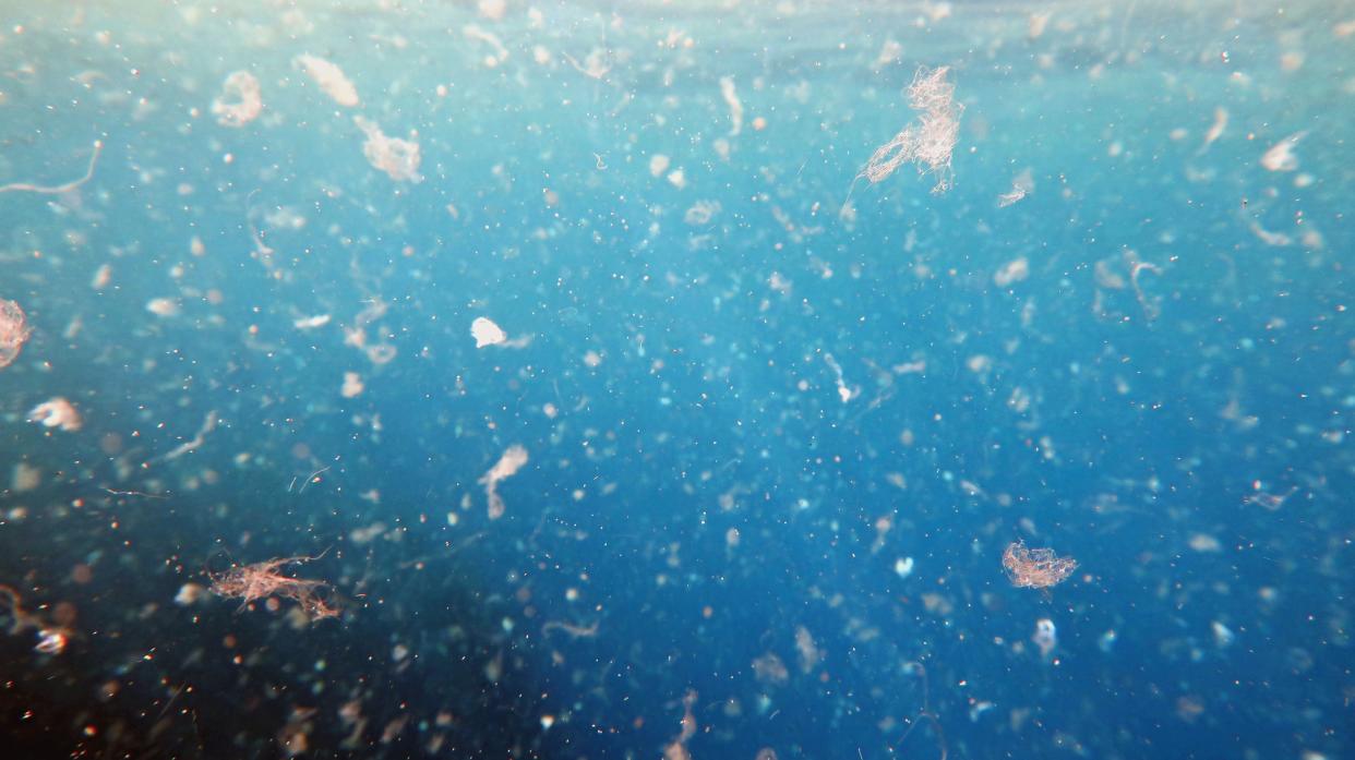 Detailed photography of sea water contaminated by micro plastic. Environment pollution concept.