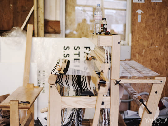 A polo shirt-inspired piece on a hand-loom in Faustine Steinmetz’s studio