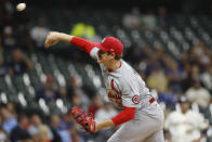 St. Louis Cardinals starting pitcher Miles Mikolas throws to the Milwaukee Brewers during the first inning of a baseball game Wednesday, Sept. 22, 2021, in Milwaukee. (AP Photo/Jeffrey Phelps)