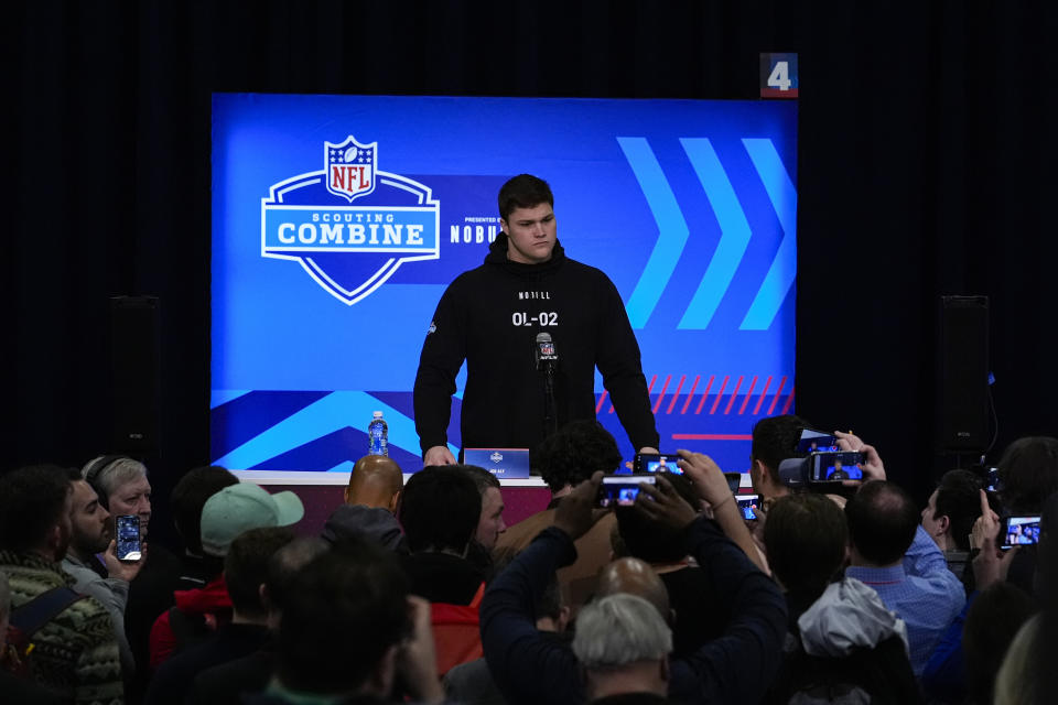 Notre Dame offensive lineman Joe Alt speaks during a press conference at the NFL football scouting combine in Indianapolis, Saturday, March 2, 2024. (AP Photo/Michael Conroy)