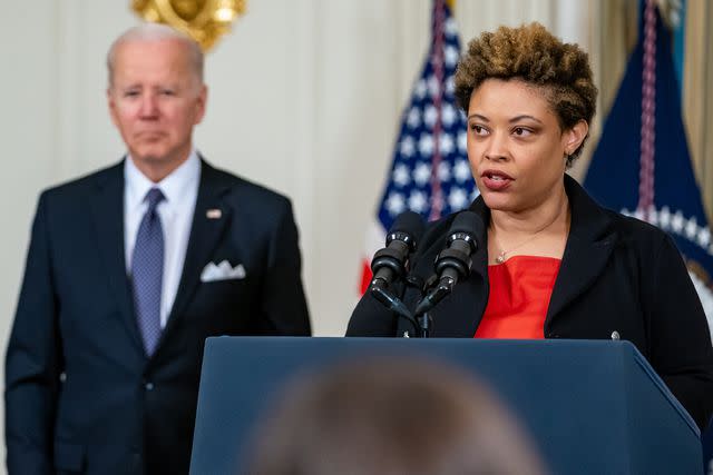 <p>Official White House Photo by Carlos Fyfe</p> Shalanda Young speaks in the White House State Dining Room on March 28, 2022, before President Joe Biden announces the 2023 budget