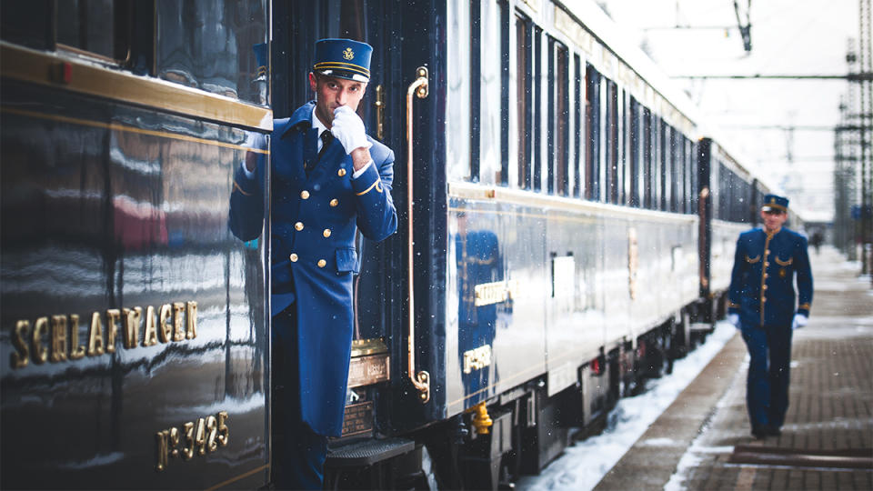 The rail car’s sophisticated design evokes a bygone era.