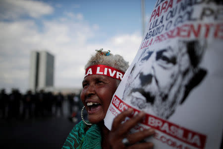 A supporter of imprisoned former Brazil's President Luis Inacio Lula da Silva attends a march before his Workers' Party (PT) officially registers his presidential candidacy, in Brasilia, Brazil, August 15, 2018. REUTERS/Ueslei Marcelino