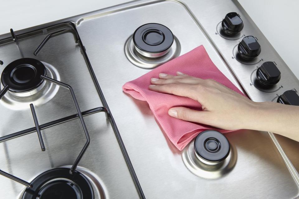 <p>To make your stainless steel surface sparkle again, mix a solution of 1 tsp dish detergent and 1 qt hot tap water. Using a microfiber cloth, rub the detergent solution onto the marks in small sections, going with the grain. Rinse with clean hot water and dry immediately with a clean cloth.</p><p><strong>RELATED:</strong> <a href="https://www.goodhousekeeping.com/home/cleaning/tips/a25160/cleaning-stainless-steel/" rel="nofollow noopener" target="_blank" data-ylk="slk:How to Clean Stainless Steel Appliances and Sinks;elm:context_link;itc:0;sec:content-canvas" class="link ">How to Clean Stainless Steel Appliances and Sinks </a></p>