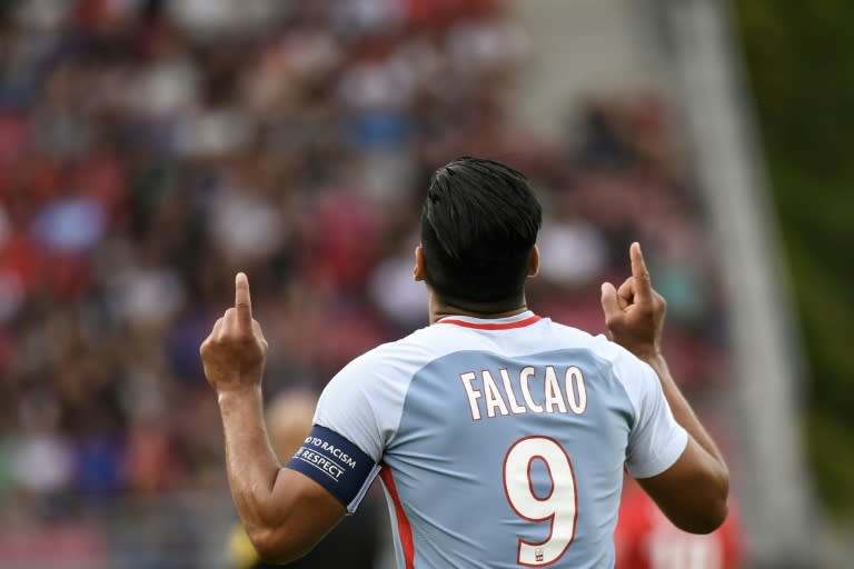 Monaco's forward Radamel Falcao celebrates after scoring his third goal during the French L1 football match against Dijon FCO August 13, 2017