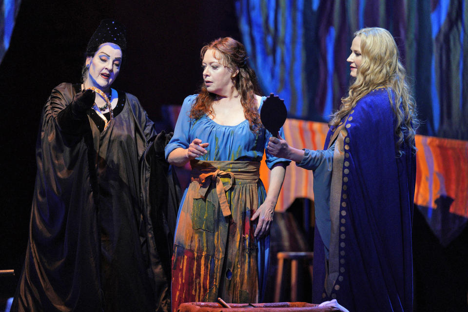 This image released by the San Francisco Opera shows, from left, Linda Watson as the Nurse, Nina Stemme as the Dyer’s Wife, and Camilla Nylund as the Empress in Richard Strauss’ "Die Frau Ohne Schatten." (Cory Weaver/San Francisco Opera via AP)