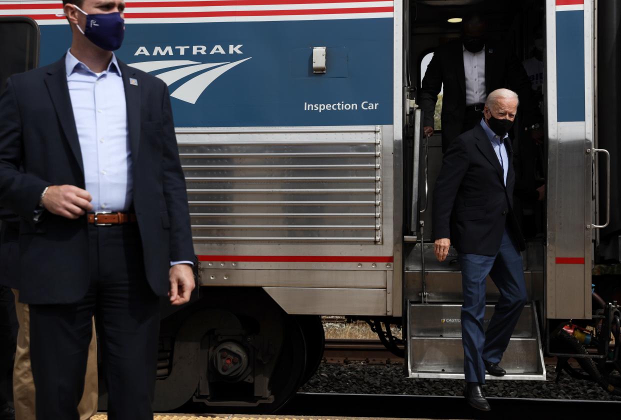 <p>File Image:  Joe Biden disembarks at a campaign stop at Alliance Amtrak Station 30 September 2020 in Alliance, Ohio</p> (Getty Images)