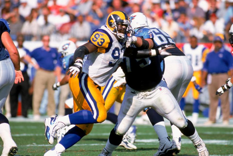 NASHVILLE, TN - OCTOBER 31:  Kevin Carter #93 of the St. Louis Rams moves against the Tennessee Titans during a NFL game at Adelphia Coliseum on October 31, 1999 in Nashville, Tennessee.  The Titans defeated the Rams 24-21.  (Photo by Jonathan Daniel/Getty Images)