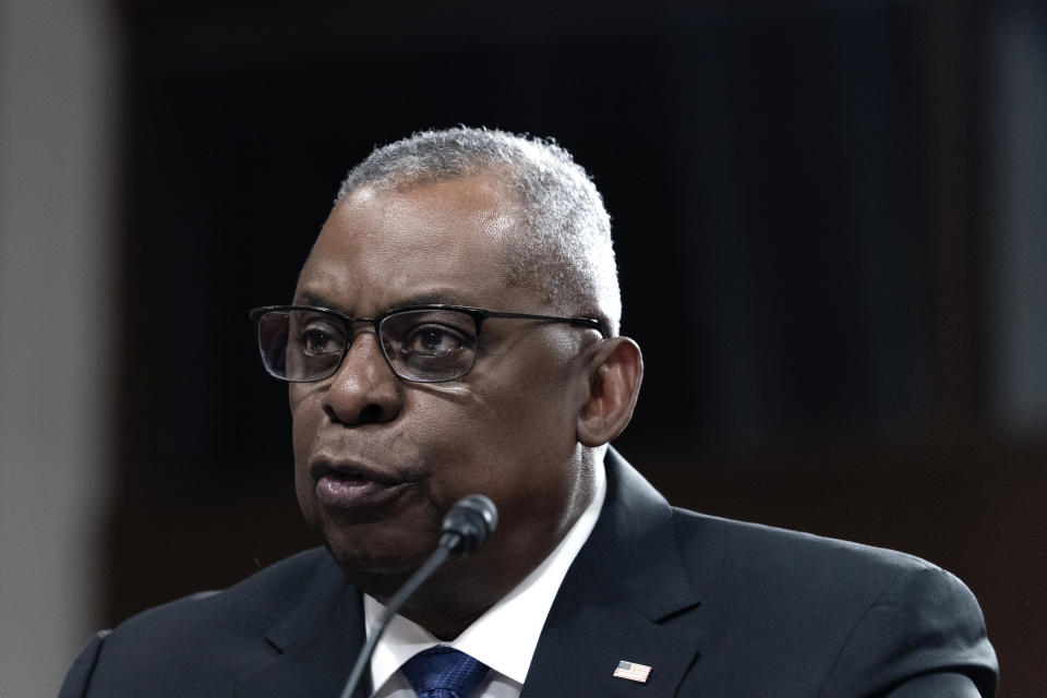 Secretary of Defense Lloyd Austin, testifies during a Senate Armed Services Committee hearing to examine the President's proposed budget request for fiscal year 2024 for the Department of Defense and the Future Years Defense Program, Tuesday, March 28, 2023, on Capitol Hill in Washington. (AP Photo/Mariam Zuhaib)