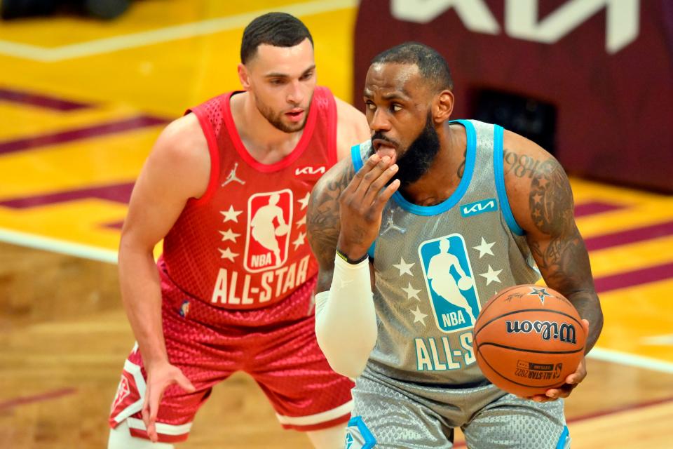 LeBron James prepares to take the game-winning shot in the 2022 NBA All-Star Game.