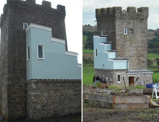 looks like a modern house was added to a castle