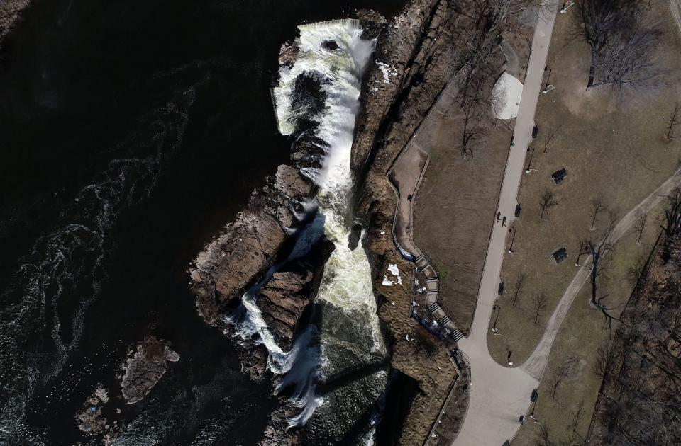 Drone image looking straight down on the Great Falls in Paterson, NJ on Wednesday, March 10, 2021.