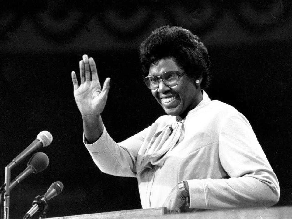 Barbara Jordan waves as she speaks at the 1976 Democratic National Convention