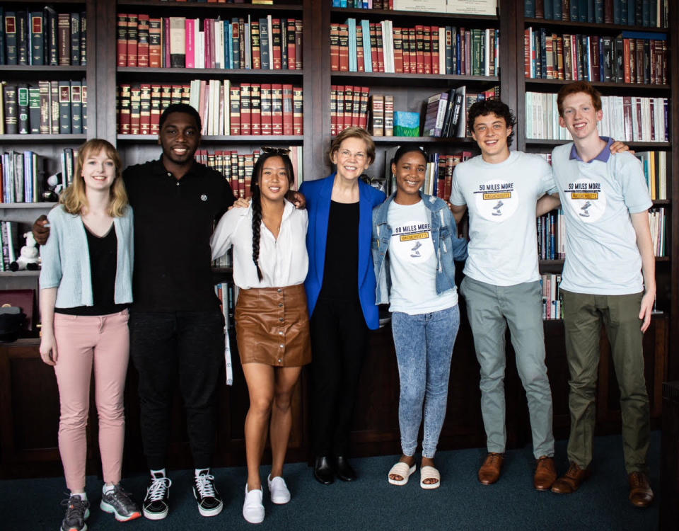 Students activists with 50 Miles More met with Sen. Elizabeth Warren (D-Mass.) on Monday. From left to right, Amelia Ryan, Trevaughn Smith, Chinaly Chanvong, Sen. Warren, Vikiana Petit-Homme, Jack Torres and Felix Brody. (Photo: 50 Miles More)