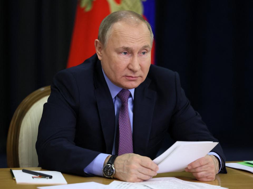 Russian President Vladimir Putin chairs a meeting on transport complex development via a video link at the Bocharov Ruchei residence in the Black Sea resort city of Sochi on May 24, 2022.