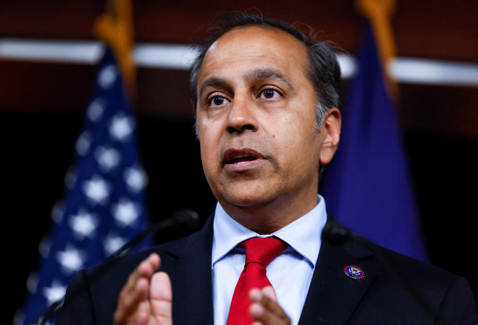 U.S. Representative Raja Krishnamoorthi (D-IL) answers questions during a news conference about the recent Congressional delegation trip to the Indo-Pacific region, on Capitol Hill in Washington, U.S. August 10, 2022. REUTERS/Evelyn Hockstein