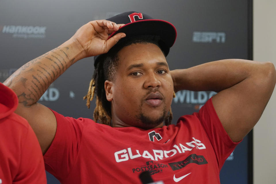 Cleveland Guardians' Jose Ramirez is shown during an interview, Thursday, Oct. 6, 2022, in Cleveland, the day before their wild card baseball playoff game against the Tampa Bay Rays. (AP Photo/Sue Ogrocki)