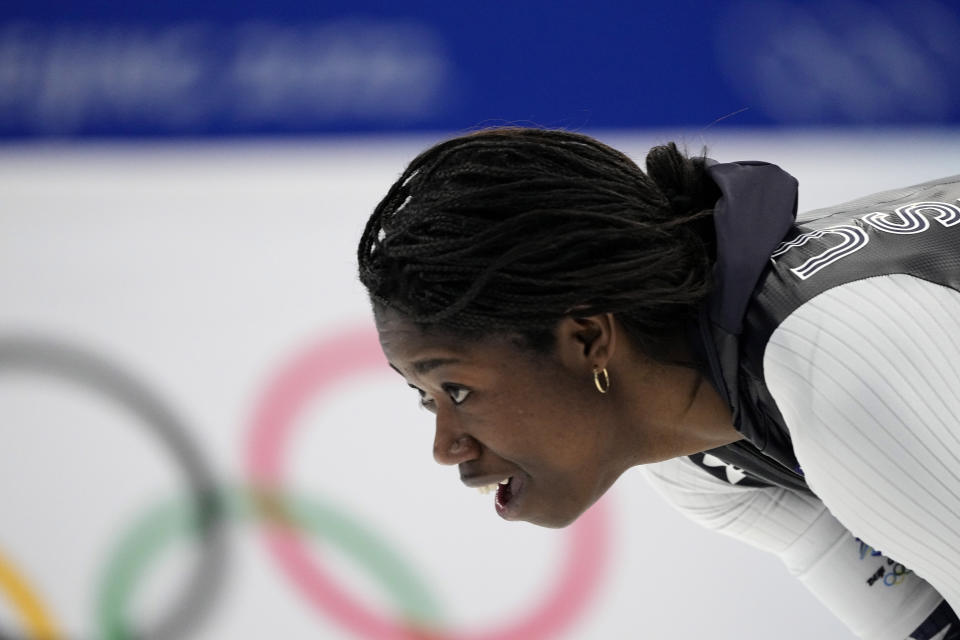 Erin Jackson of the United States reacts after winning the gold medal in the speedskating women's 500-meter race at the 2022 Winter Olympics, Sunday, Feb. 13, 2022, in Beijing. (AP Photo/Ashley Landis)