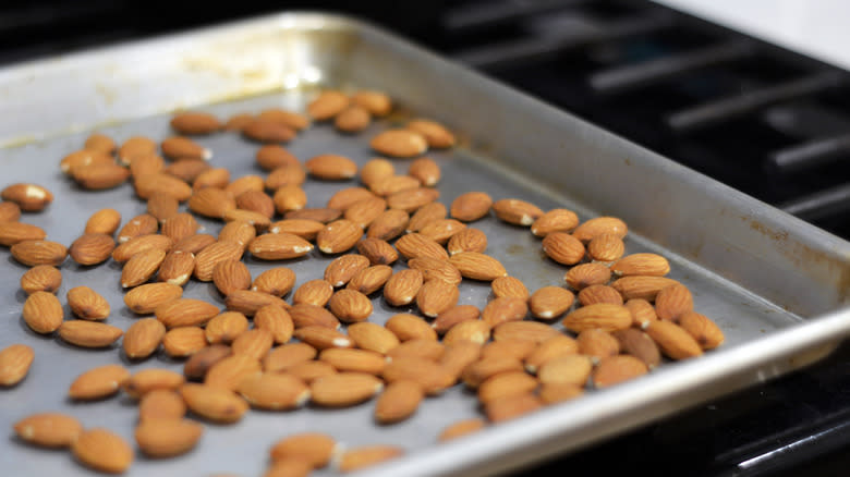 almonds on baking sheet