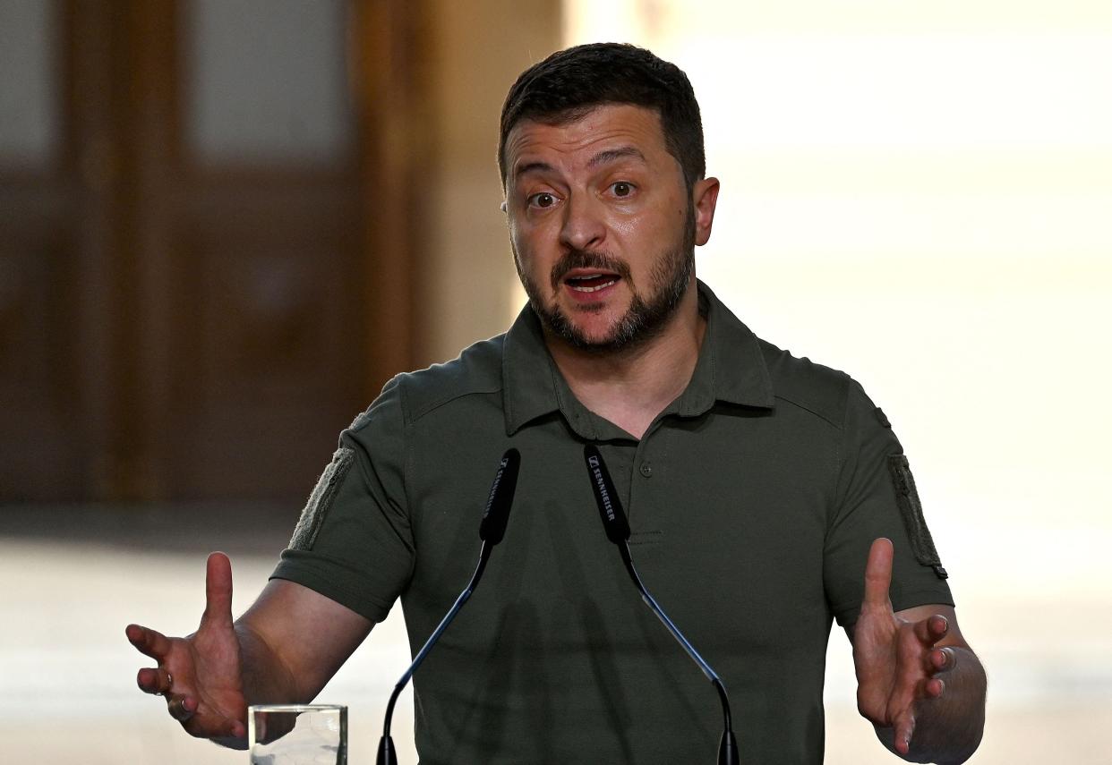 Zelensky gestures as he addresses media after talks with African Presidents in Kyiv (AFP via Getty Images)