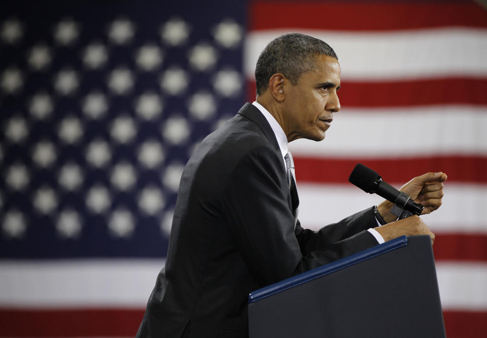 President Barack Obama speaks a fundraiser at Southern Maine Community College, Friday, March, 30, 2012 in Portland, Maine. Obama campaigned throughout New England on Friday. (AP Photo/Pablo Martinez Monsivais)