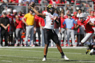 Maryland quarterback Taulia Tagovailoa throws a pass against Ohio State during the first half of an NCAA college football game Saturday, Oct. 9, 2021, in Columbus, Ohio. Ohio State beat Maryland 66-17. (AP Photo/Jay LaPrete)
