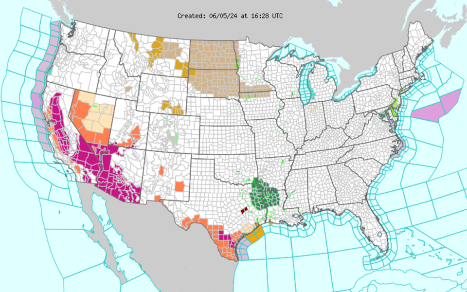 The dark pink shows which areas are affected by Excessive Heat warnings (NWS)