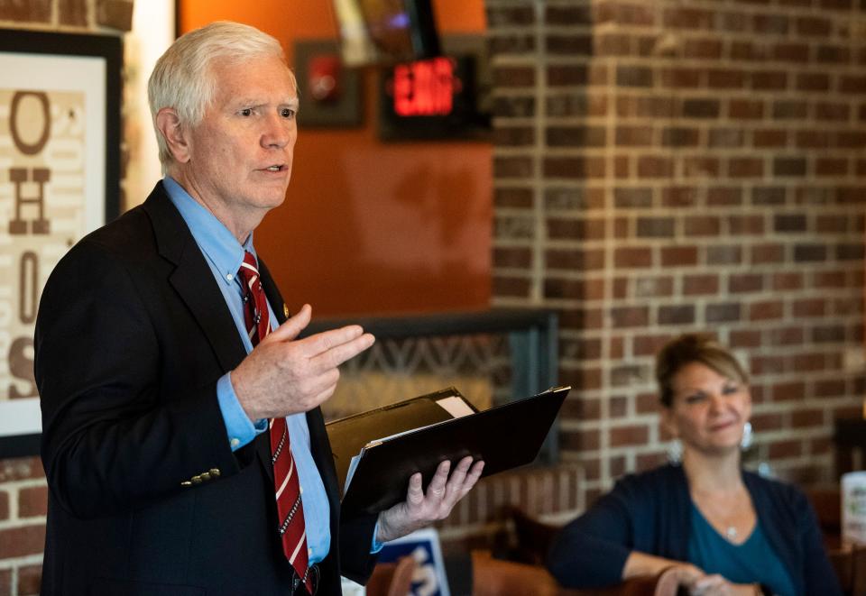 U.S. Senate candidate Mo Brooks speaks during a town hall at O’Charley’s restaurant in Prattville, Ala., on Thursday, March 24, 2022.