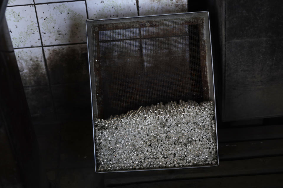 In this picture taken on Wednesday, Nov. 28, 2018, hundreds of small blown glass beads are placed in a box, as part of the manufacturing process for Christmas decorations, in the village of Ponikla, Czech Republic. The small family business in a mountainous village in northern Czech Republic is the last place in the world where traditional Christmas decorations are made from glass beads blown and painted by hand. (AP Photo/Petr David Josek)